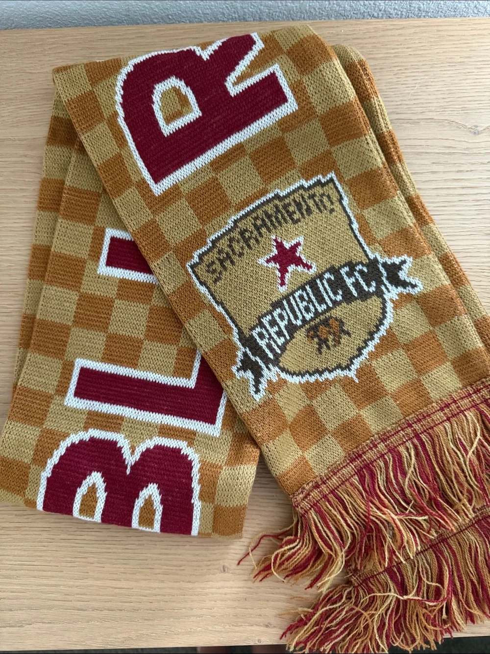 Sacramento Republic FC Checkerboard Soccer Scarf - Mustard & Burgundy